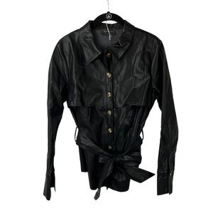 Gracia Womens Black Vegan Leather Button Down Long Sleeve Blazer Jacket S Belted